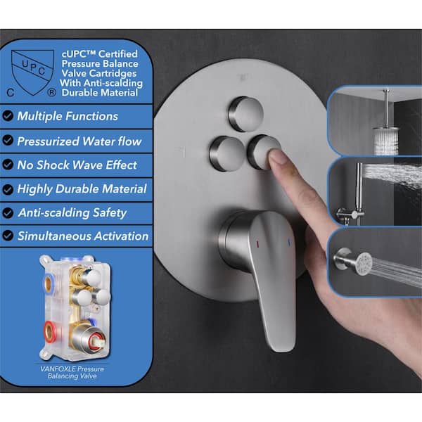 Luxury Rainfall Single Handle 2-Spray Shower Faucet 1.8 GPM with Push Button Diverter and 4-Body Jets in Brushed Nickel