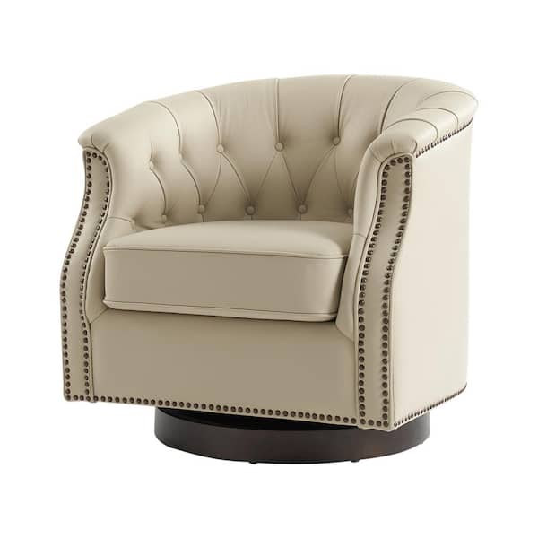 Montgomery Traditional Chesterfield White Genuine Leather Barrel Chair with Button-Tufted Design