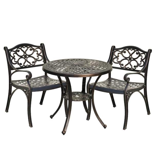 DEXTRUS 3-Piece Cast Aluminum Outdoor Bistro Set Patio Table Set with Foot Pads and Umbrella Hole in Black