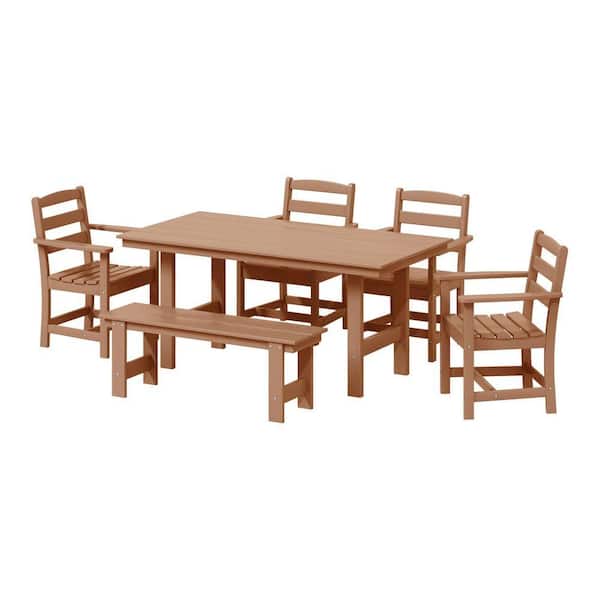 Shoreside 6-Piece All Weather HDPE Plastic Outdoor Patio Dining Set w/ Armchairs and Bench, Teak