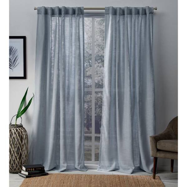 Melrose Blue Faux Linen Back Tab Sheer, Blue Linen Curtains