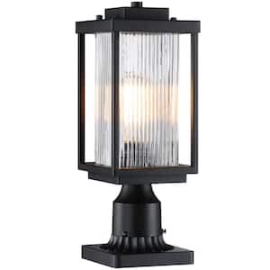 1-Light Black Metal Outdoor Waterproof Post Light Set with Striped Clear Glass and Base Adaptor with No Bulbs Included
