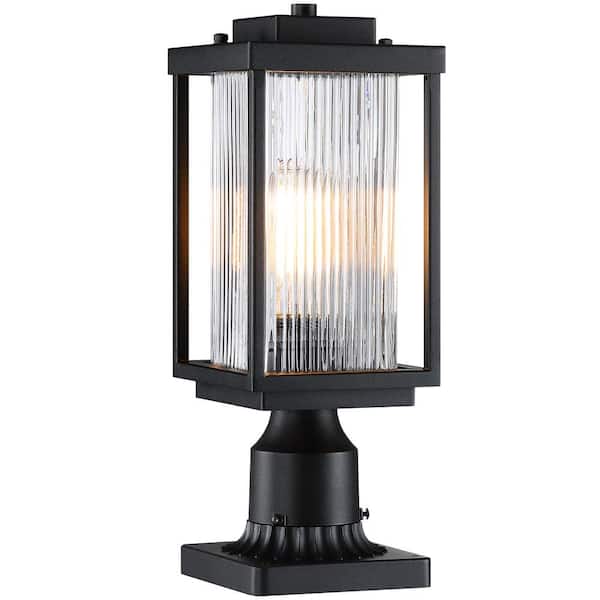 pasentel 1-Light Black Metal Outdoor Waterproof Post Light Set with Striped Clear Glass and Base Adaptor with No Bulbs Included