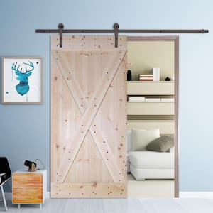 X Series 42 in. x 84 in. Unfinished Solid Knotty Pine Wood Interior Sliding Barn Door with Hardware Kit