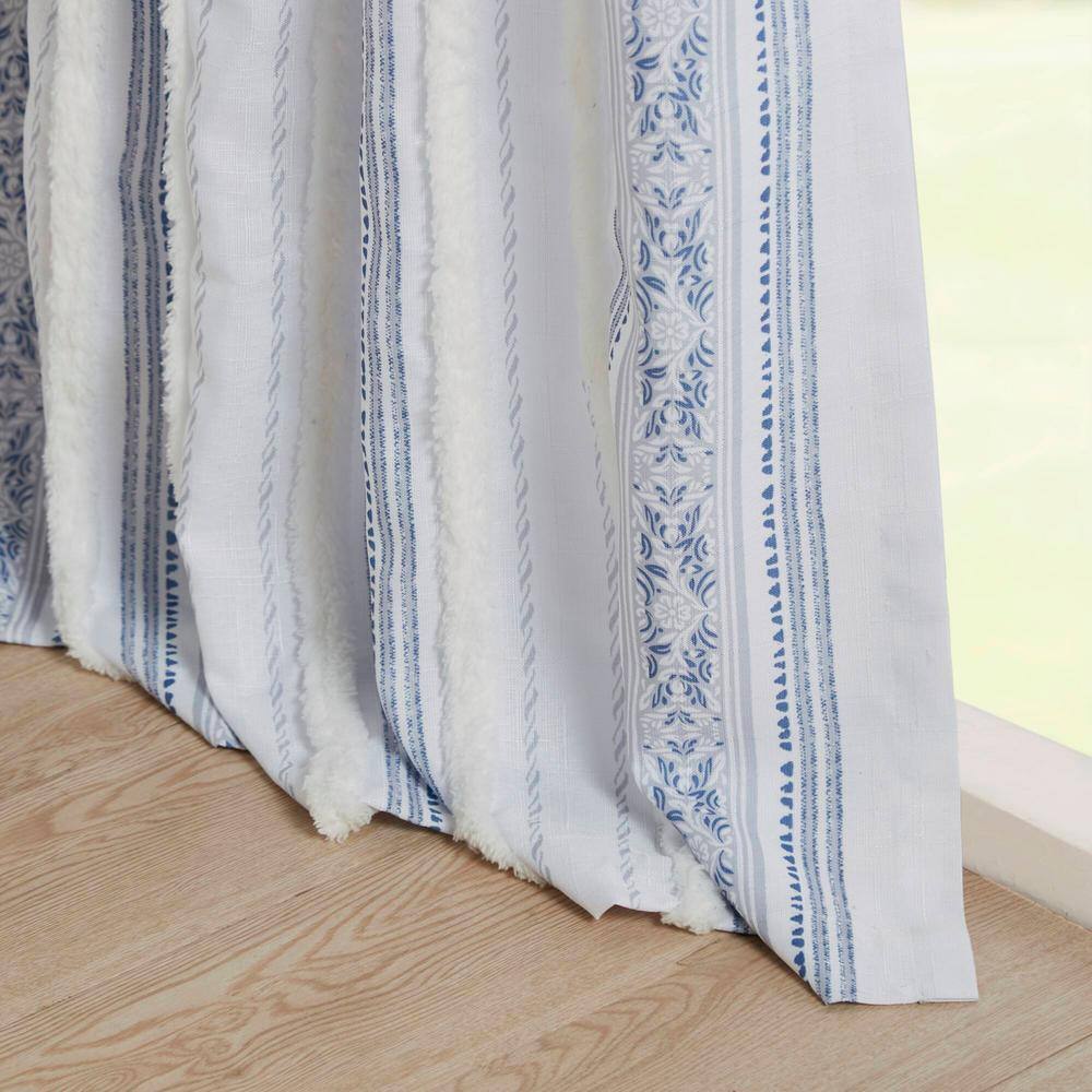 Navy and White Velvet Polyester Boho-Chic Light Filtering Curtain Panel