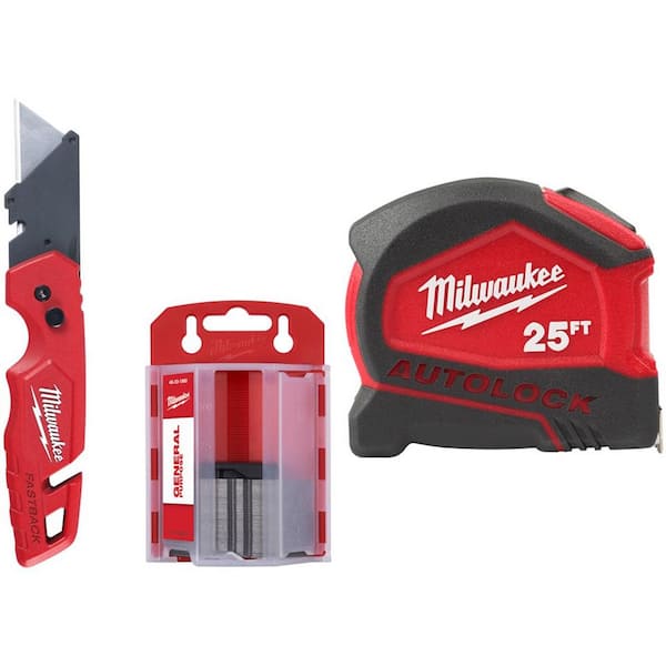 Milwaukee FASTBACK Folding Utility Knife with Blade Storage and 50-Pack General Purpose Utility Blade Set w/25 ft. Tape Measure