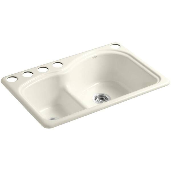 KOHLER Woodfield Smart Divide Undermount Cast Iron 33 in. 5-Hole Double Bowl Kitchen Sink in Biscuit