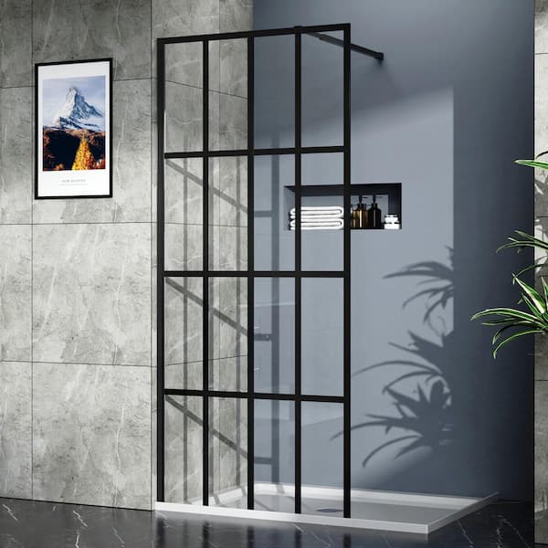 Tileon 34 in. W x 72 in. H Framed Black Grid Single Fixed Panel Corner Walk-in Shower Door Length Adjustable Enclosure