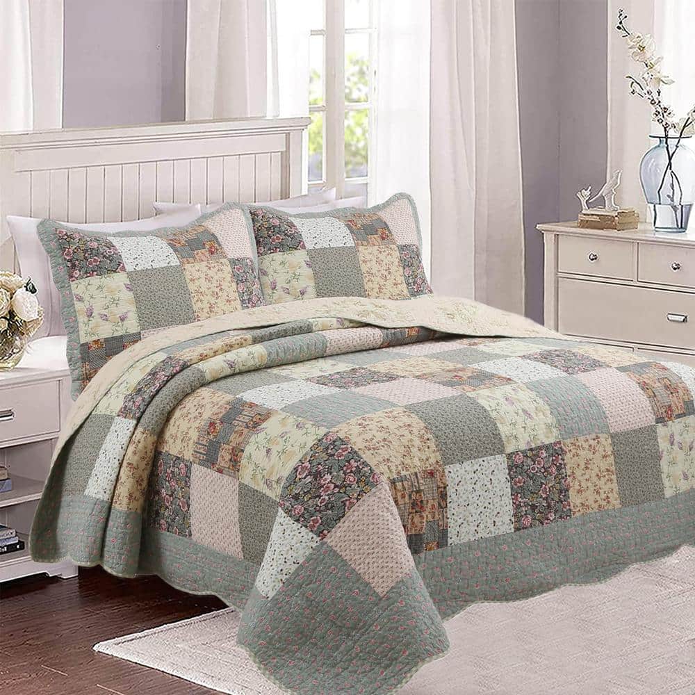 King Size Cotton Floral Patchwork Reversible Quilt Set
