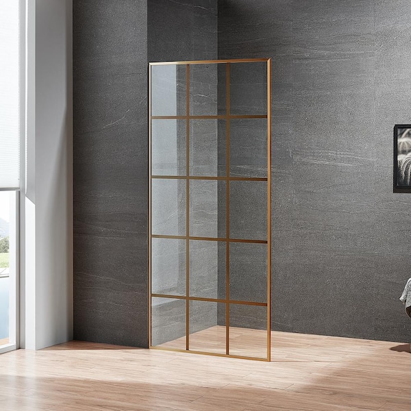 SERENE VALLEY Libra 34 in. W x 74 in. H Small-Grid Fixed Frame Shower Door in Brushed Gold with Easy Cleaning Glass