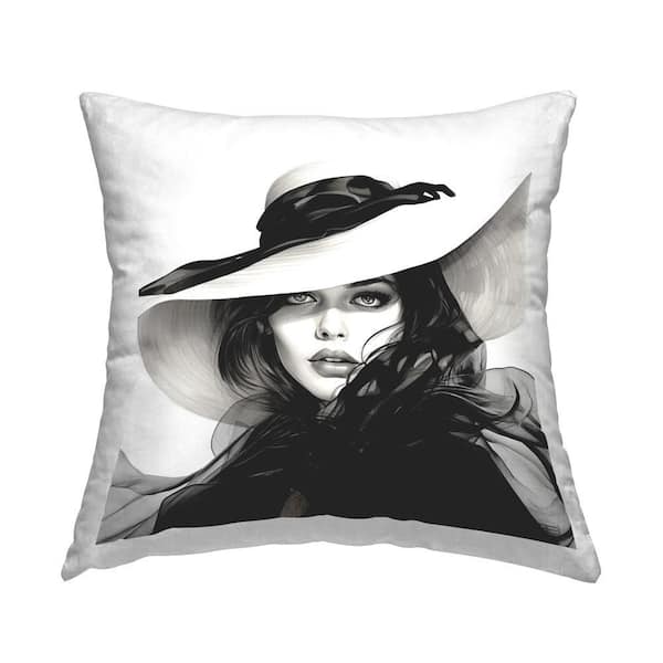Stupell Industries Woman and Sun Hat Black Print Polyester 18 in. x 18 in. Throw Pillow