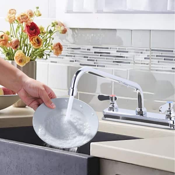 Double Handle 2-Hole Brass Commercial Standard Kitchen Faucet w/ 12 in. Swivel Spout and Supply Lines in Polished Chrome