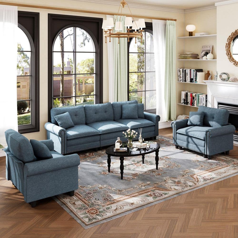 113.8 in. Roll Arm 5-Seat Linen-like Fabric Modular Sectional Sofa in Blue with Throw Pillows