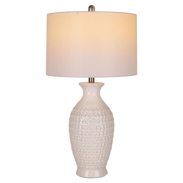 28 in. Modern Ceramic Table Lamp, Tall Bedroom Lamp w/White Linen Shade No Assembly Required, Nightstand Lamp With Bulb