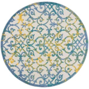 Aloha Ivory Blue 5 ft. Floral Contemporary Indoor/Outdoor Round Area Rug