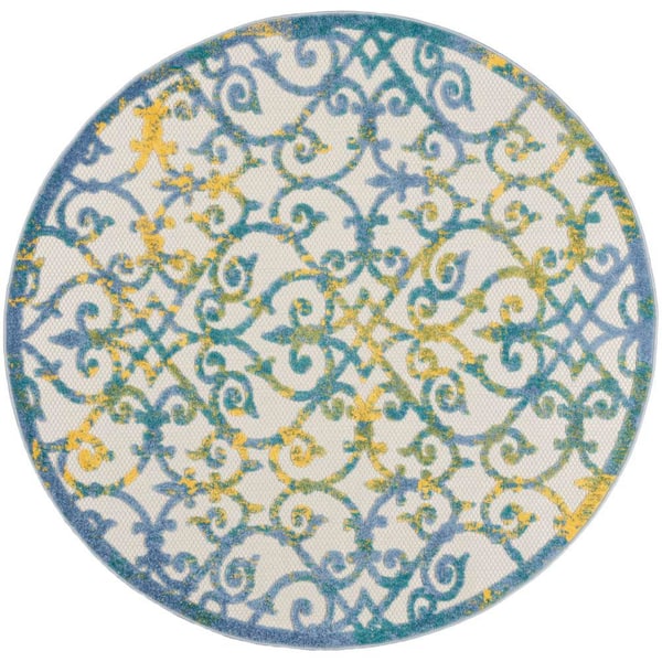 Nourison Aloha Ivory Blue 4 ft. x 4 ft. Round Floral Contemporary Indoor/Outdoor Patio Area Rug