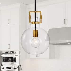 1-Light Black and Antique Gold 10 in. Globe Shaped Clear Glass Pendant