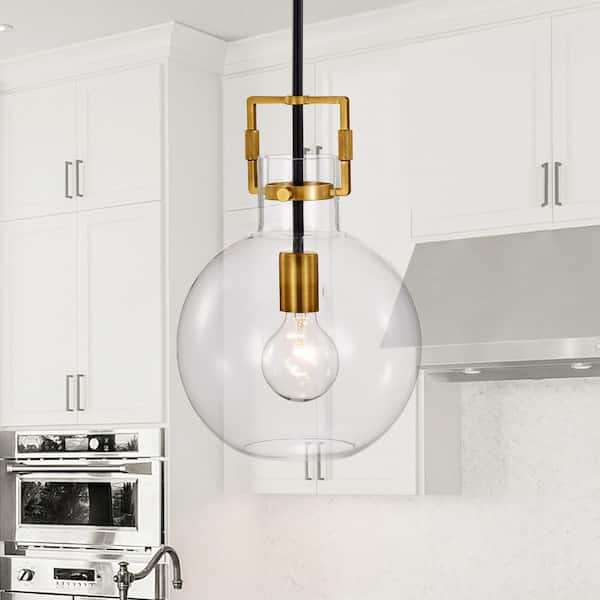 1-Light Black and Antique Gold 10 in. Globe Shaped Clear Glass Pendant