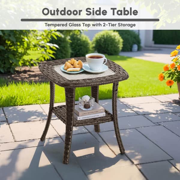 Yosemite Brown 7-Piece Wicker Patio 54 in. Rectangle Fire Pit Conversation Set with Navy Blue Cushions and Swivel Chairs