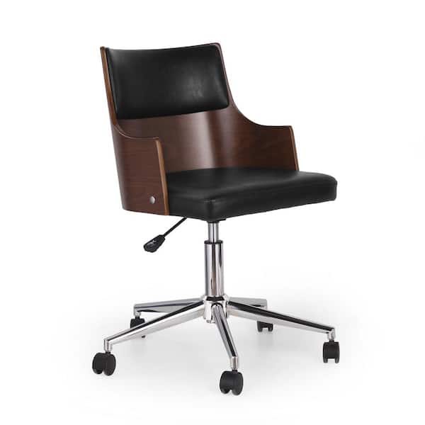 Noble House Waleska Midnight Black and Walnut Faux Leather Swivel Task Chairs