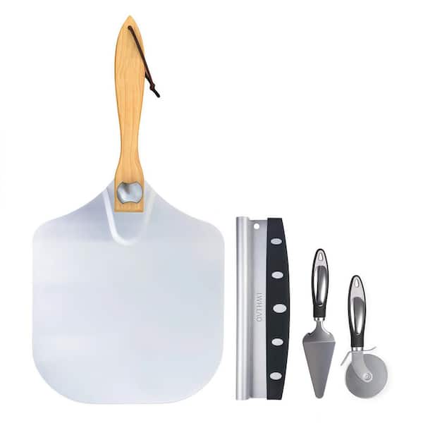 Black Pizza Oven Accessories Set with Aluminum Peel, Foldable Wood Handle, Cutter, Rocker Blade, and Server