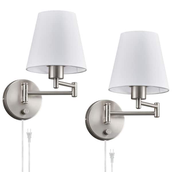 Merra 1-Light Nickel Swing Arm Wall Lamp with White Fabric Shade and 72 in. Cord for Bedroom and Foyer (Set of 2)