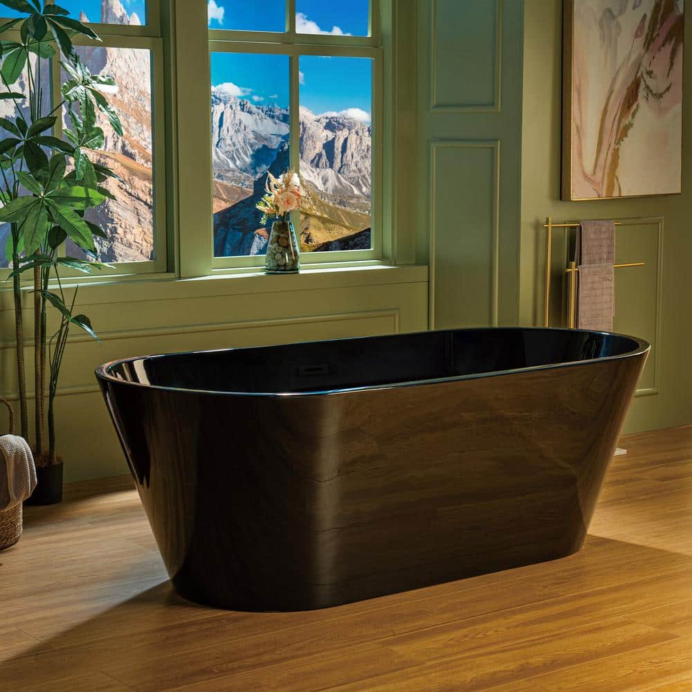 67'' Glossy Black Acrylic Freestanding Soaking Bathtub