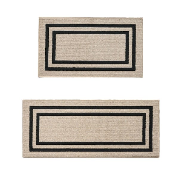 Machine Washable Non-Skid Natural Beige Twist/Black 2.2 ft. x 4 ft./2.2 ft. x 5 ft. All Loop Tufted Area Rug Set