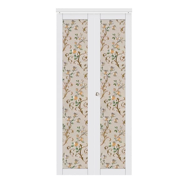 ARK DESIGN 36 in. x 80 in. 1-Lite Frosted Glass Solid Core MDF White Finished Closet Bifold Door with Peony Sticker and Hardware