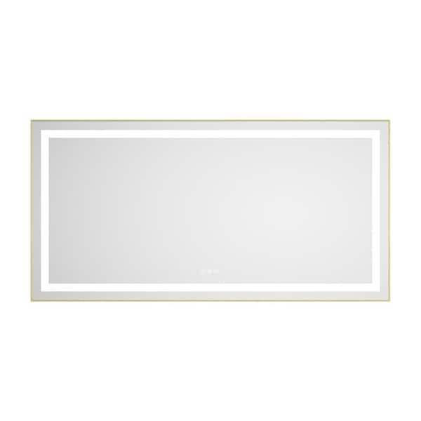 55 in. W x 28 in. H Rectangular Framed Wall Bathroom Vanity Mirror in Brushed Gold with Front and Backlight, 3 Colors