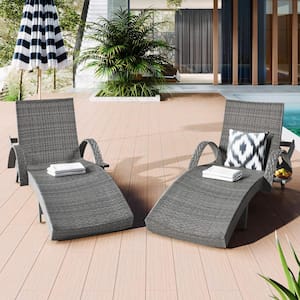 Gray Wicker Outdoor Chaise Lounge Chairs Reclining Chair Side Table Adjustable Backrest Ergonomic Wave Design Set of 2