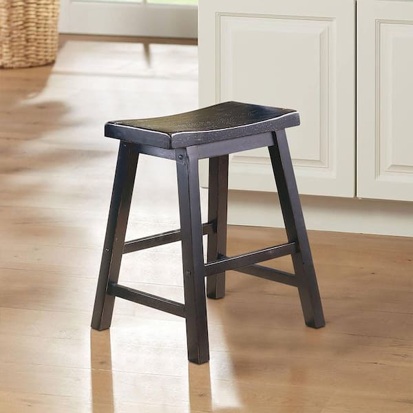 Nisky 17 in. Black Finish Solid Wood Dining Stool with Wood Seat (Set of 2)