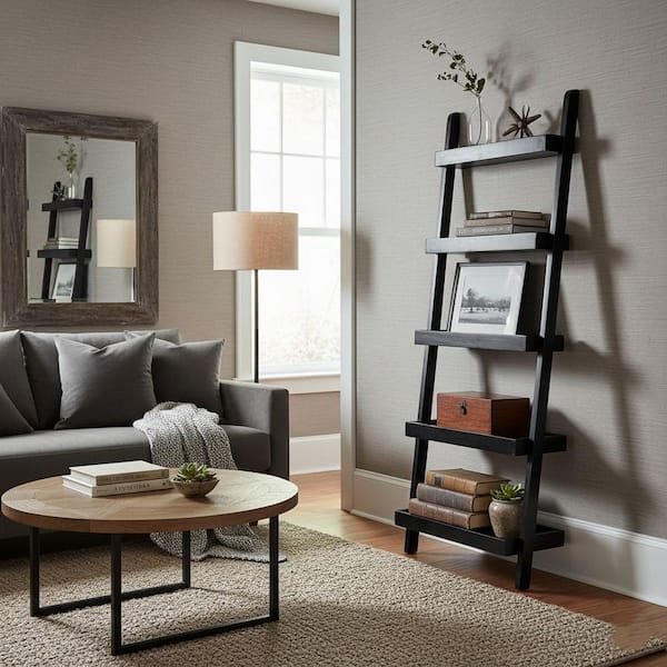 International Concepts 75.5 in. Black Wood 5-shelf Ladder Bookcase