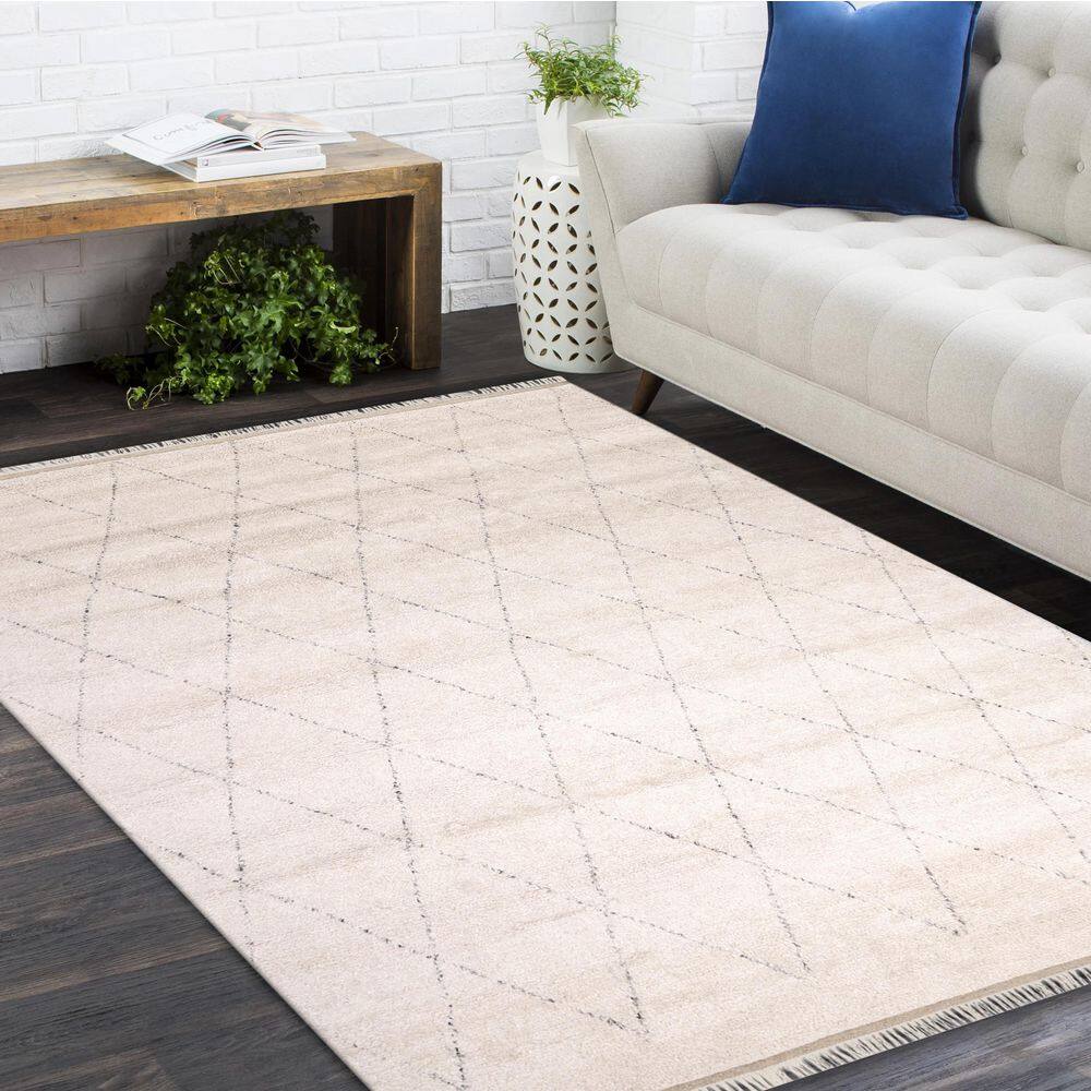 Ivory Wool-Viscose Blend Hand-Knotted Moroccan Shag Rug - 8' x 10'