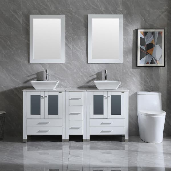 60 in. Double Ceramic Square Vessel White Sinks Freestanding White Bath Vanity with White Solid Surface Top and Mirrors
