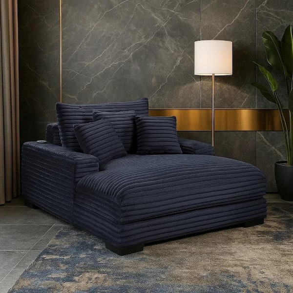 Terra Black Corduroy Fabric Chaise Lounger with Cup Holder and USB Ports