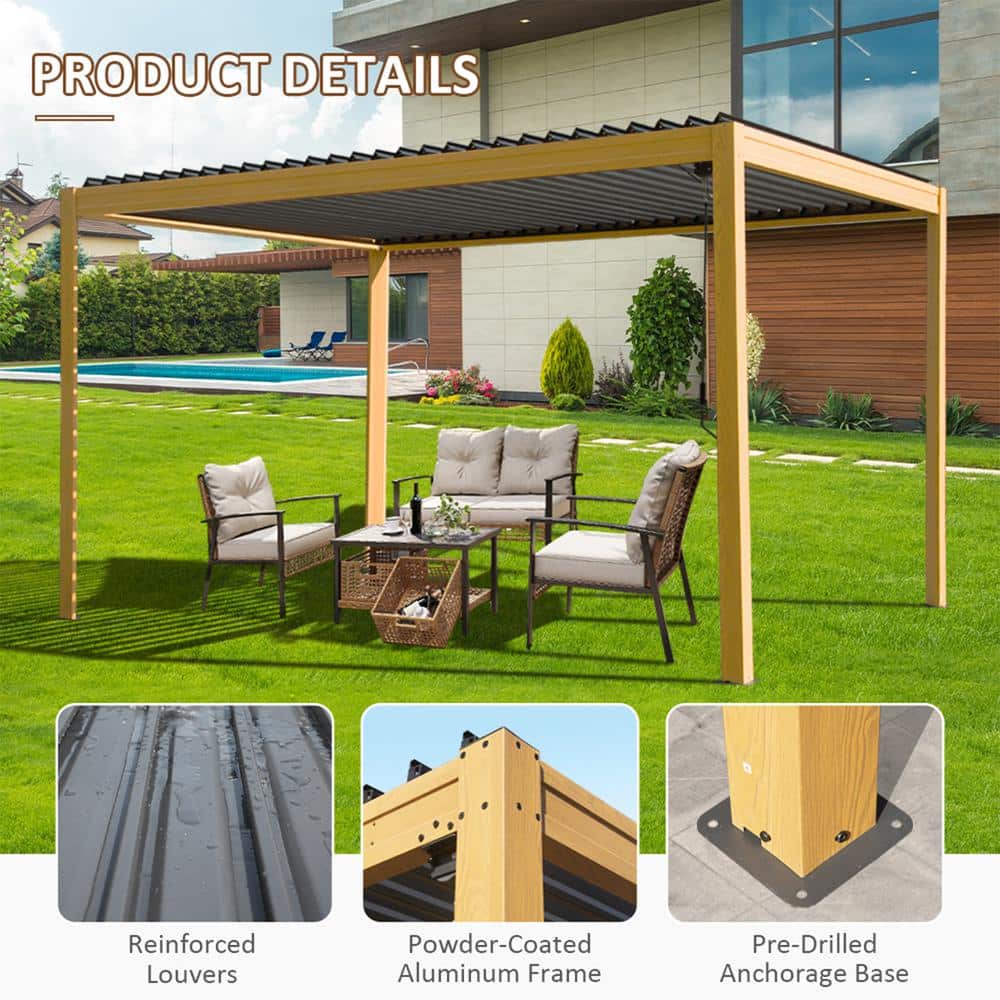 Brown and Gray Aluminum Metal Louvered Pergola 10 ft. x 13 ft.