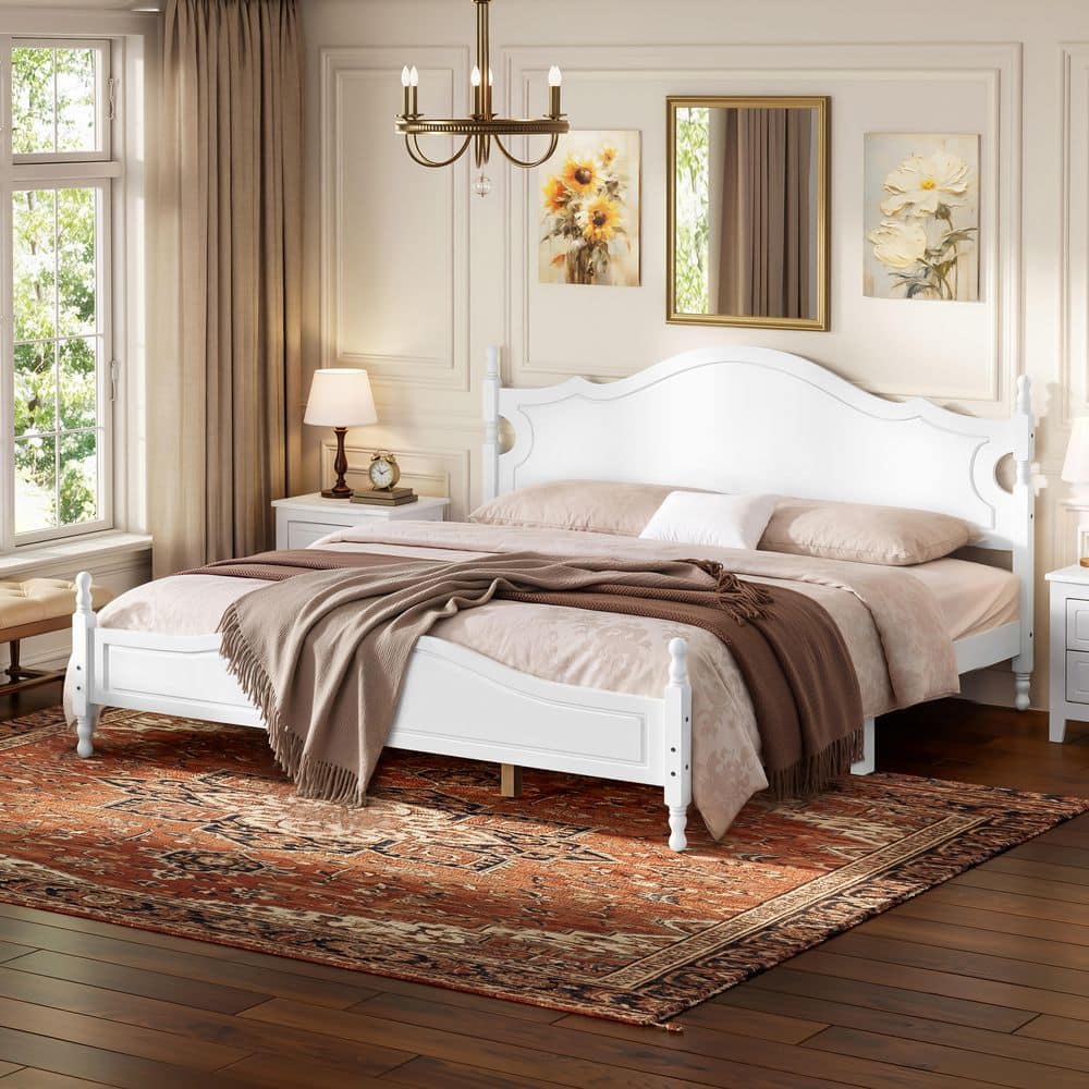 Polibi White Wood Frame King Platform Bed with Headboard, Wood