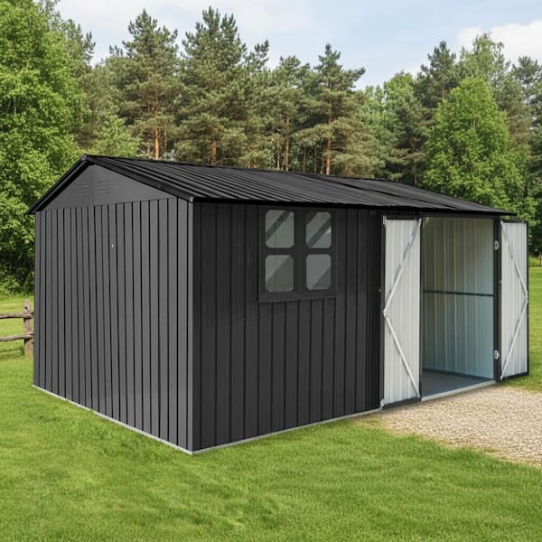 Black 12x10 Ft Metal Outdoor Garden Storage Shed with Windows