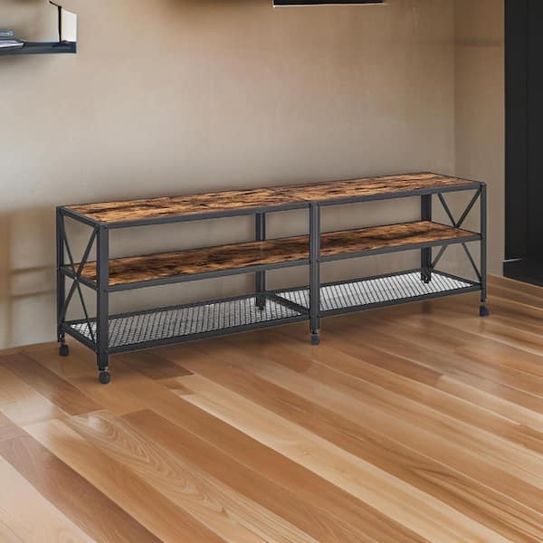 Benjara Black, Brown TV Stand Entertainment Center Fits TVs up to 69.42 in. with 2 Open Shelf Tiers