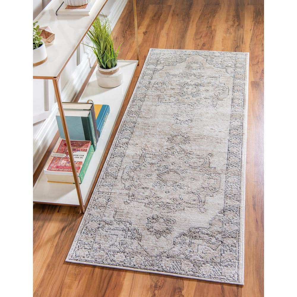 Ivory and Gray Geometric Synthetic Indoor Runner Rug