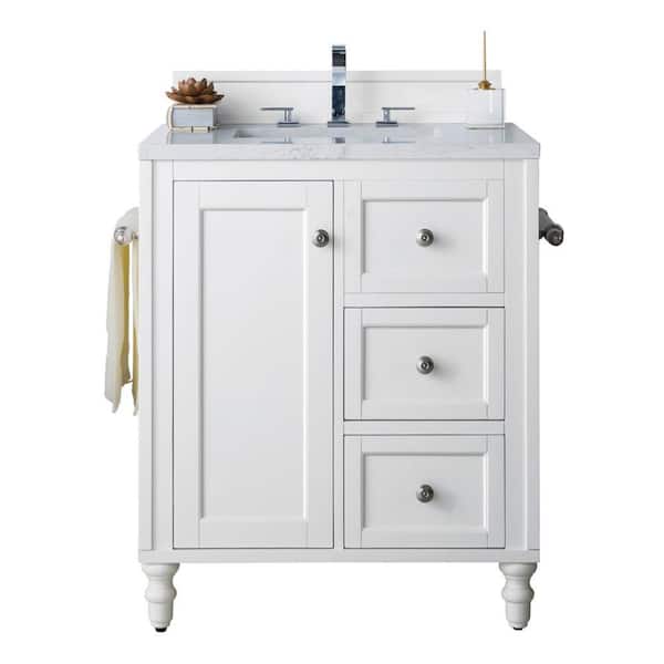 James Martin Vanities Copper Cove Encore 30 in. W x 23.5 in.D x 36.2 in. H Single Vanity in Bright White w/ Solid Surface Top in Arctic Fall