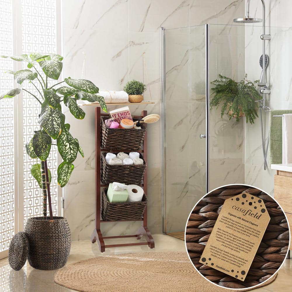 Walnut 3-Tier Floor Stand with Water Hyacinth Baskets