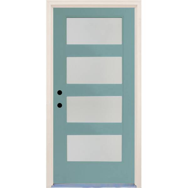 Builders Choice 36 in.x80 in.Elite Surf Etch Glass Contemporary RightHand 4Lite Satin Painted Fiberglass Prehung FrontDoor w/ Brickmould