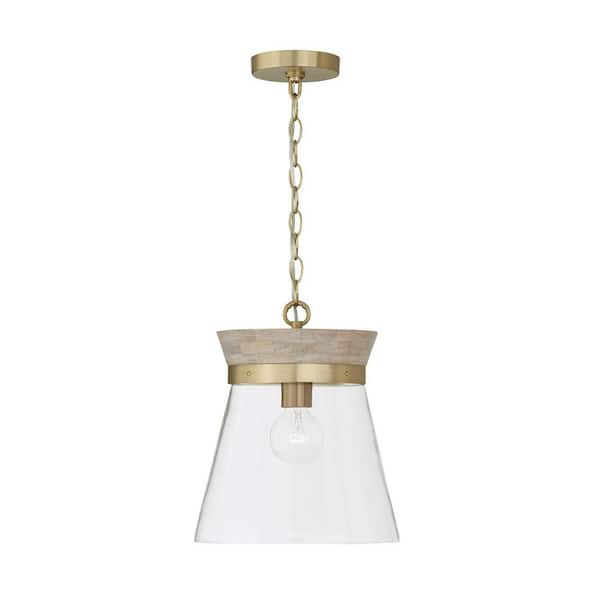 Finn 100-Watt 1-Light White Wash Wood and Matte Brass Pendant Light with Clear Glass and No Bulbs Included