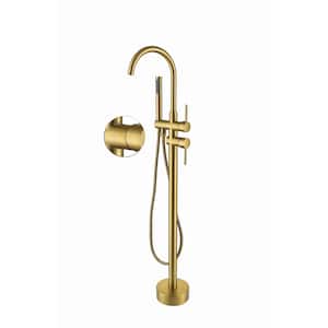 Double-Handles Floor-Mount High Arch Tub Faucet High Flow Bathroom Tub Filler with Handshower in Brushed Brass