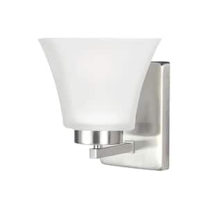 Bayfield 5 in. 1-Light Brushed Nickel Contemporary Wall Sconce Bathroom Vanity Light with Satin Etched Glass Shade