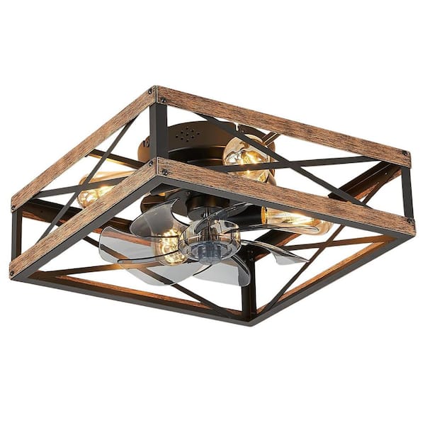 Caged Low Profile Ceiling Fan with Lights and Remote, Rustic Square Flush Mount, 6-Speed Reversible Bladeless for Rooms