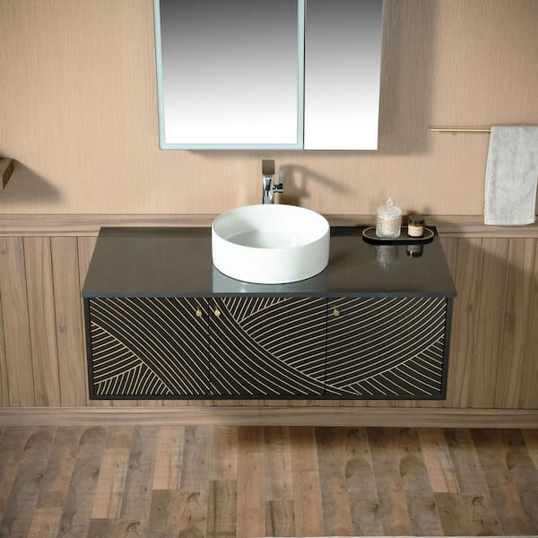 48 in. W x 22 in. D Single Ceramic Vessel Sink Floating Bath Vanity in Black with Black Sintered Stone Vanity Top