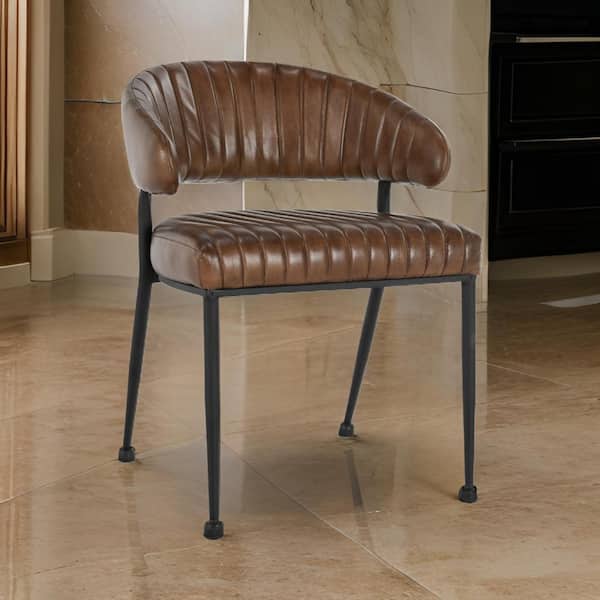 Benjara Brown and Black Leather Tufted Back Dining Chair